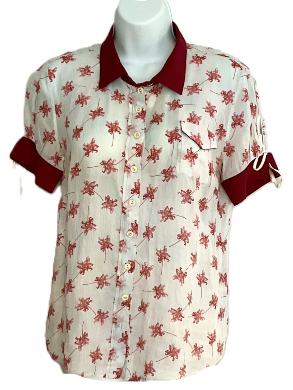 Marithe Francois Girbaud Women's Floral 100% Ramie Button Front Shirt Top Size M